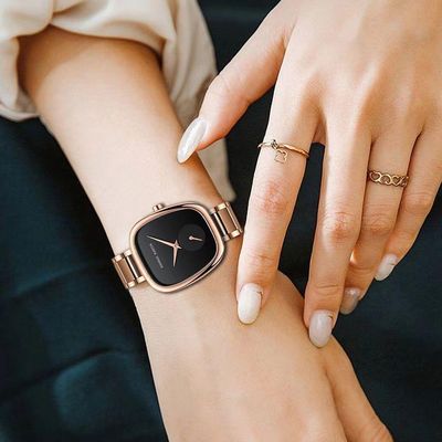 Relógio De Pulso De Quartzo Oval Estilo Minimalista Feminino Em Aço Inoxidavel Preto Rose