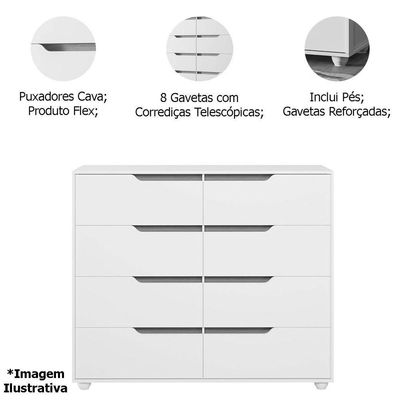 Cômoda Grande 8 Gavetas Doble  Branco Freijó