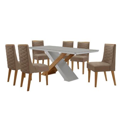 Mesa Sala De Jantar Carol 180cm E 6 Cadeiras Safira Moderna Vel. Capuccino Off White Imbuia