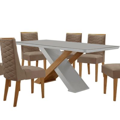 Mesa Sala De Jantar Carol 180cm E 6 Cadeiras Safira Moderna Vel. Capuccino Off White Imbuia