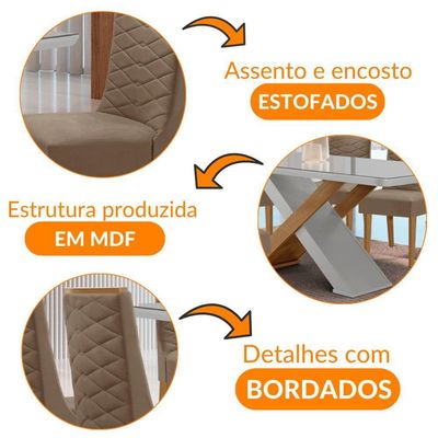 Mesa Sala De Jantar Carol 180cm E 6 Cadeiras Safira Moderna Vel. Capuccino Off White Imbuia