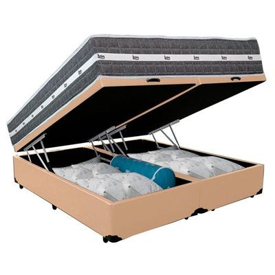 Cama Box Baú Casal Bipartido Sintético + Colchão Anjos Black Graphite Molas Ensacadas 138x188x64cm Bege
