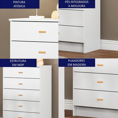 Comoda Infantil Para Quarto 5 Gavetas 60x91x38 Cm Bb120 Branco Dtall Branco