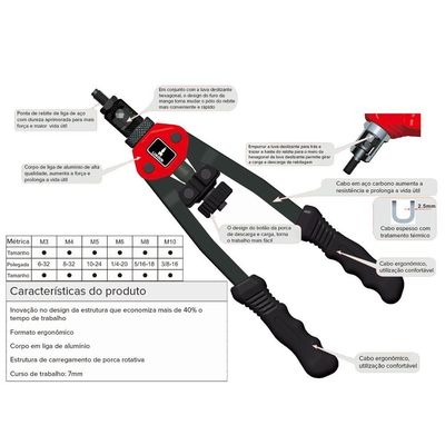 Rebitador Manual Tipo Alavanca Lorben Para Rebites Com Rosca De M3 Até M10