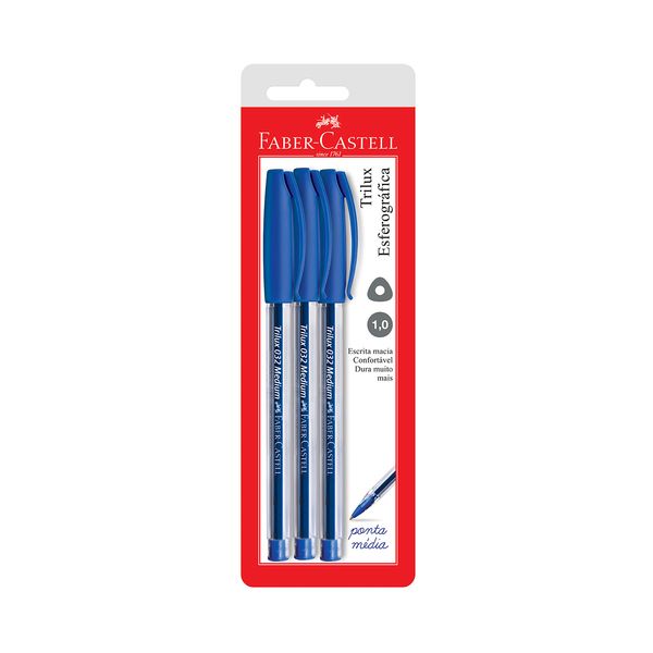 Caneta Esferográfica Faber-Castell Trilux 1.0mm Azul com 3 Unidades