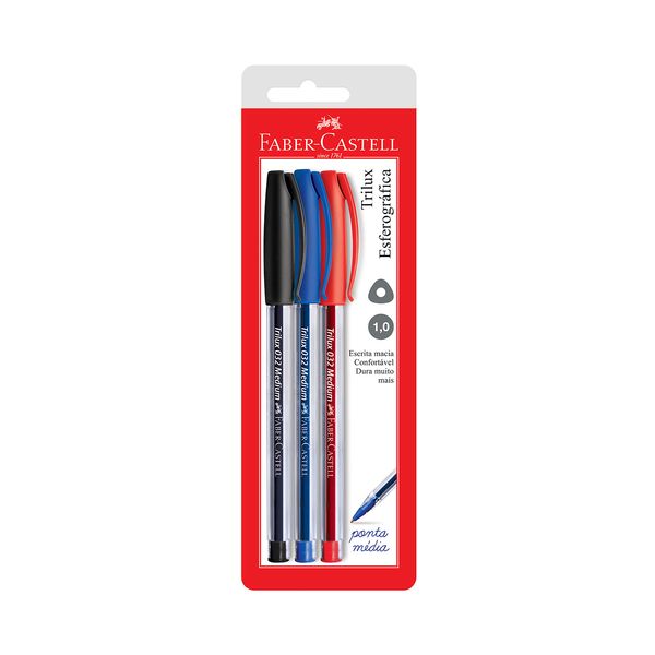 Caneta Esferográfica Faber-Castell Trilux 1.0mm com 3 Unidades