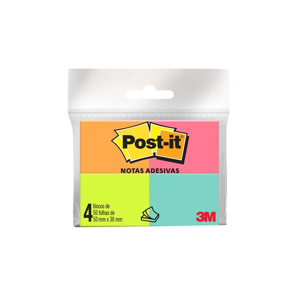 Bloco Adesivo Post It 3M Colorido com 4 Blocos de 50 Folhas 38x50mm