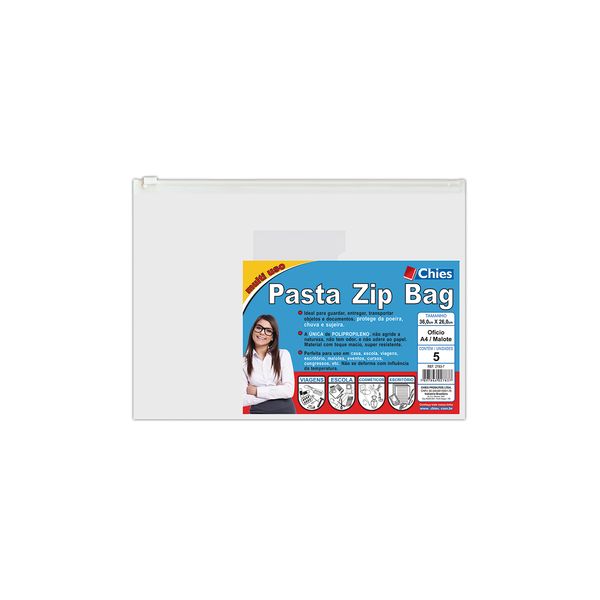Pasta Zip Bag Chies A4 com 5 Unidades Cristal 36x26cm