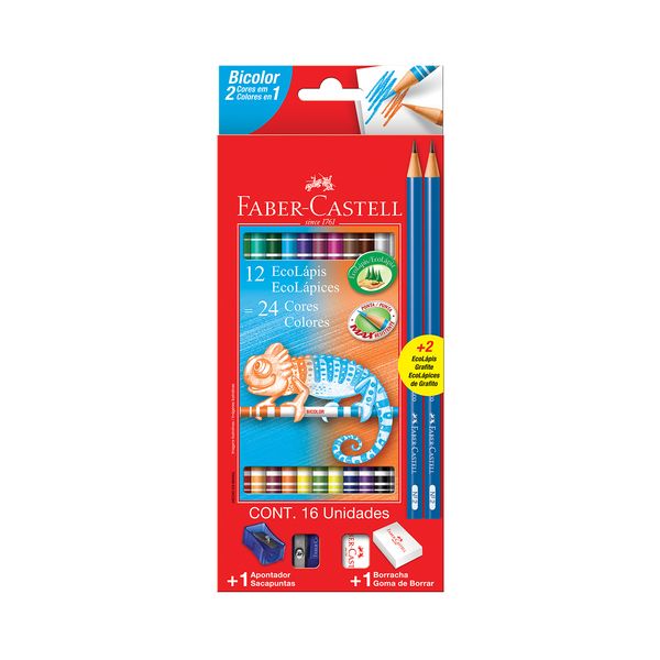 Kit Escolar Faber-Castell Lápis de Cor Bicolor 24 Cores, 2 Lápis, 1 Apontador e 1 Borracha