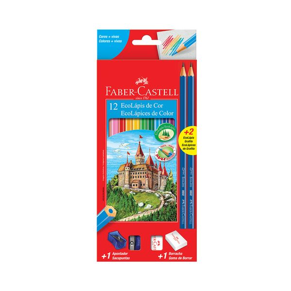 Lápis de Cor Faber-Castell Sextavado 12 Cores e 2 Lápis Grafites