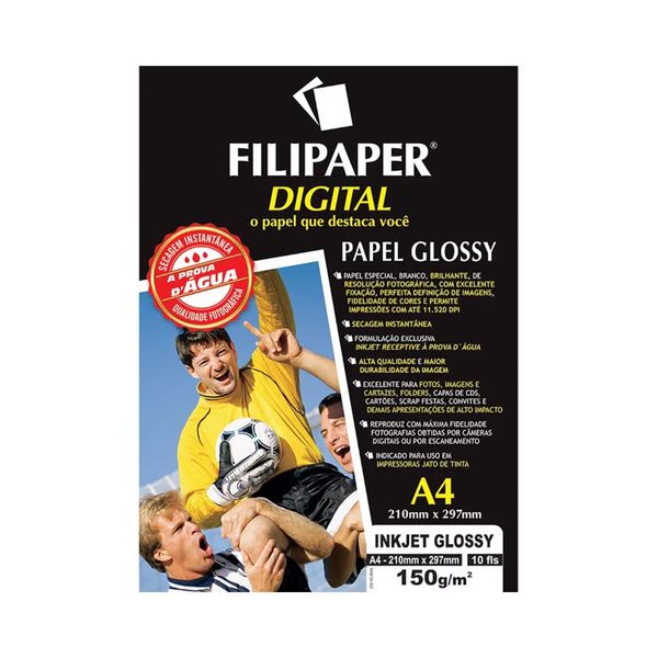 Papel Fotográfico Filipaper Inkjet Glossy A4 150g com 10 Folhas Branco