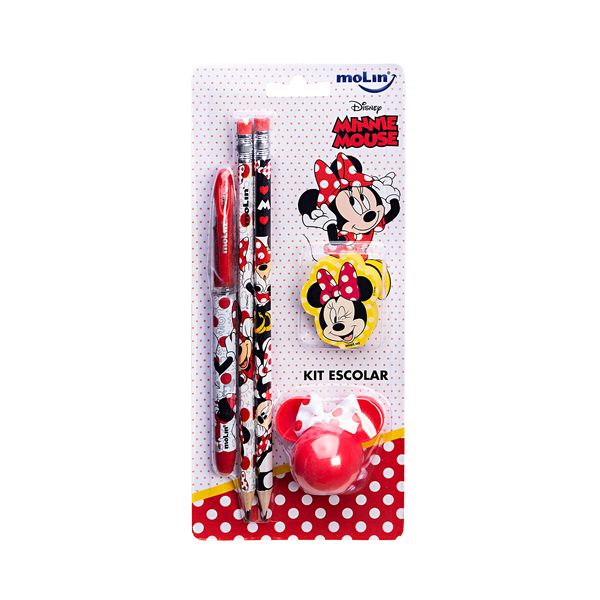 Kit Escolar Molin Disney Minnie com 1 Caneta, 2 Lápis, 1 Apontador e 1 Borracha