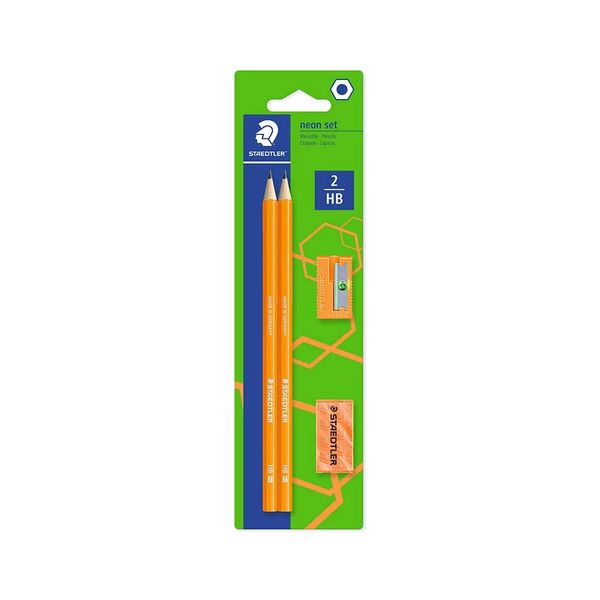 Kit Escrita Staedtler Neon Laranja com 2 Lápis Grafites Wopex, 1 Borracha e 1 Apontador Basic