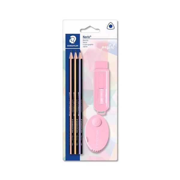 Kit Escrita Staedtler Tom Pastel com 3 Lápis Grafites HB, 1 Borracha e 1 Apontador com Depósito