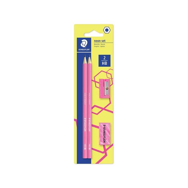 Kit Escrita Staedtler Neon Rosa com 2 Lápis Grafites Wopex, 1 Borracha e 1 Apontador Basic