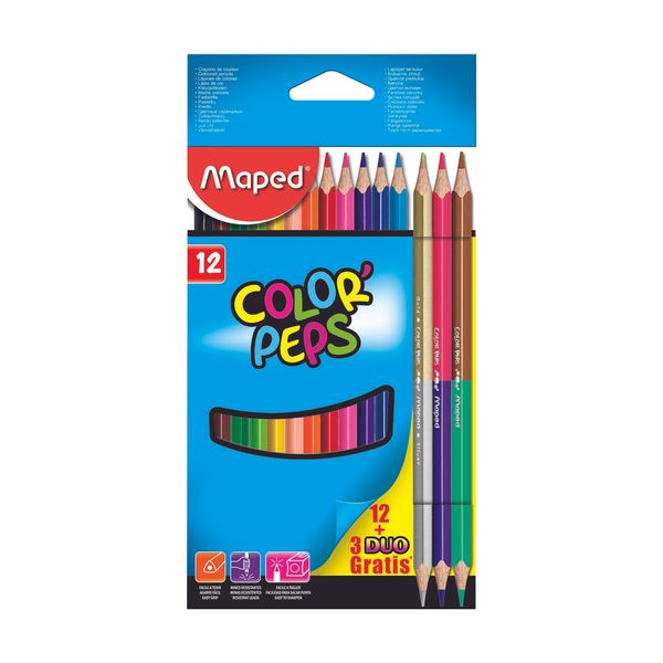 Lápis de Cor Maped Peps 12 Cores e 3 Lápis Bicolor