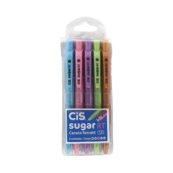 Caneta Esferográfica Cis Sugar Retrátil Tons Pastéis 1.0mm com 5 Unidades 1 Azul, 1 Laranja e 1 Lilá