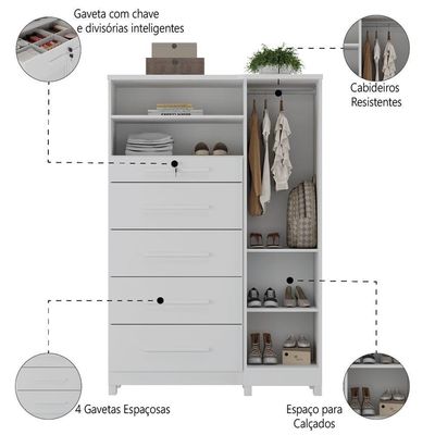 Cômoda Com Sapateira E Cabideiro Multiuso 5 Gavetas 1 Porta Imperial Zanzini Branco