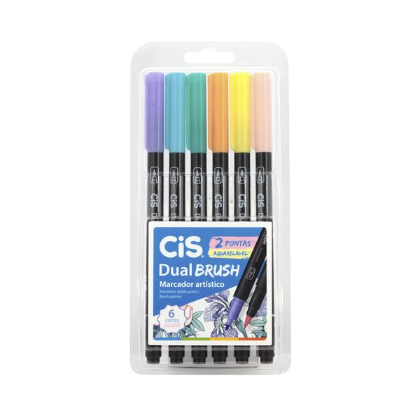 Marcador Artístico Cis Dual Brusch Aquarelável com 6 Cores Tons Pastéis Marcador Artístico Cis Dual Brusch Aquarelável com 6 Cores Tons Pastéis