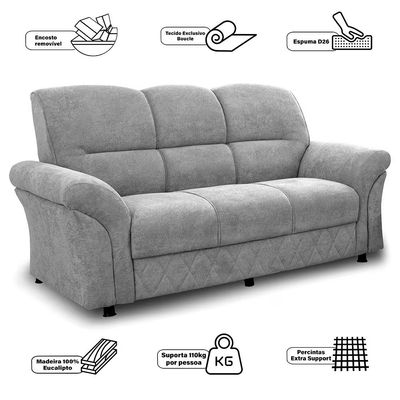 Sofá 3 Lugares Cama inBox Mourato com 187cm de Largura e Revestido em Bouclé Cinza Claro