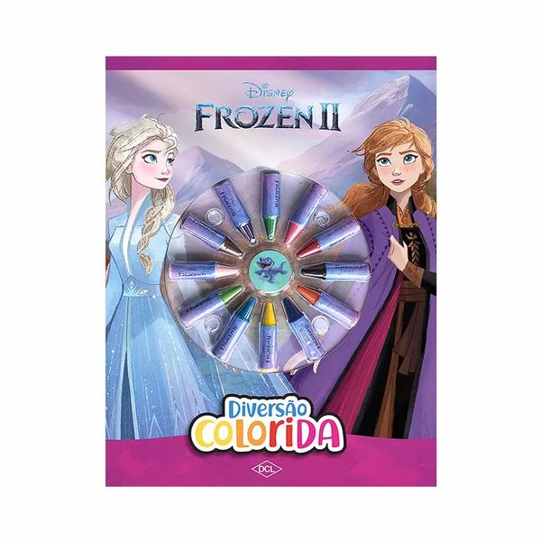 Livro Infantil Dcl com Giz Cera em 12 Cores para Colorir Personagens Frozen II