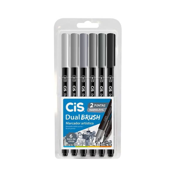 Marcador Artístico Cis Dual Brush Aquarelável com 6 Cores Tons de Cinza