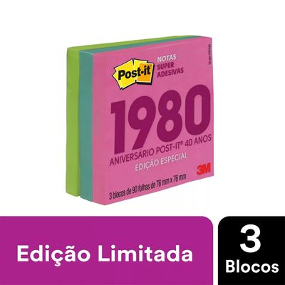 Bloco Adesivo Post It 3M Coleção Anos 80 com 3 Blocos Color 76x76mm 90 Folhas
