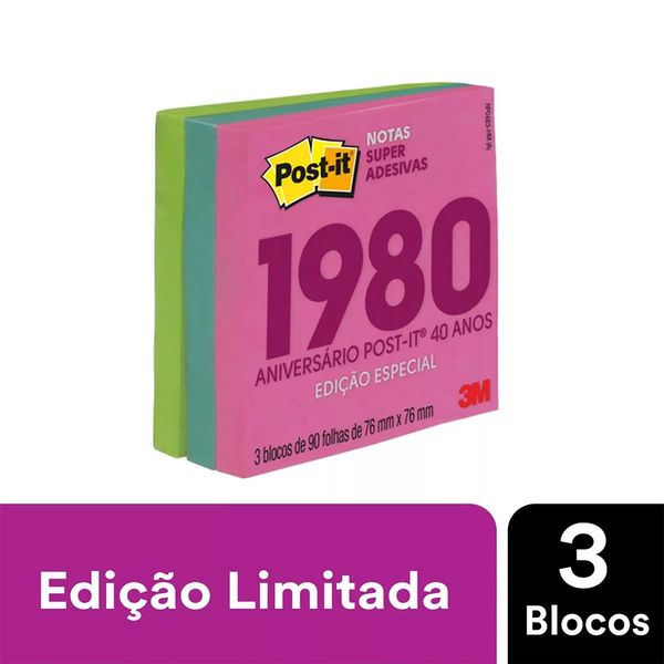 Bloco Adesivo Post It 3M Coleção Anos 80 com 3 Blocos Color 76x76mm 90 Folhas
