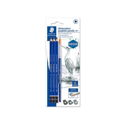 Lápis Grafite Técnico Staedtler Mars Lumograph Aquarelável 03 Unidades Mais Pincel Artístico
