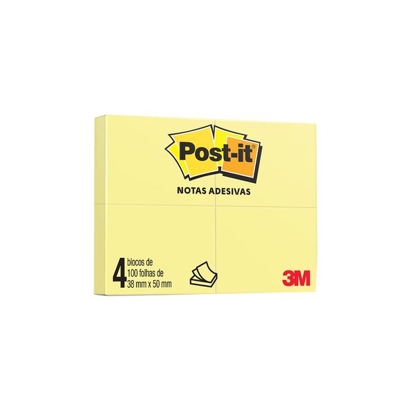 Bloco Adesivo Post It 3M Amarelo 38x50mm 04 Blocos de 100 Folhas Cada