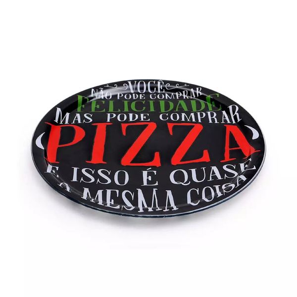 Prato para Pizza em Fatia de Vidro Decorglass Preto e Estampado 40cm