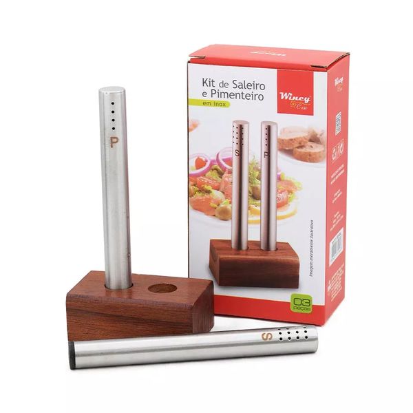 Kit Saleiro e Pimenteiro Wincy em Inox com Base em Madeira Kit Saleiro e Pimenteiro Wincy em Inox com Base em Madeira