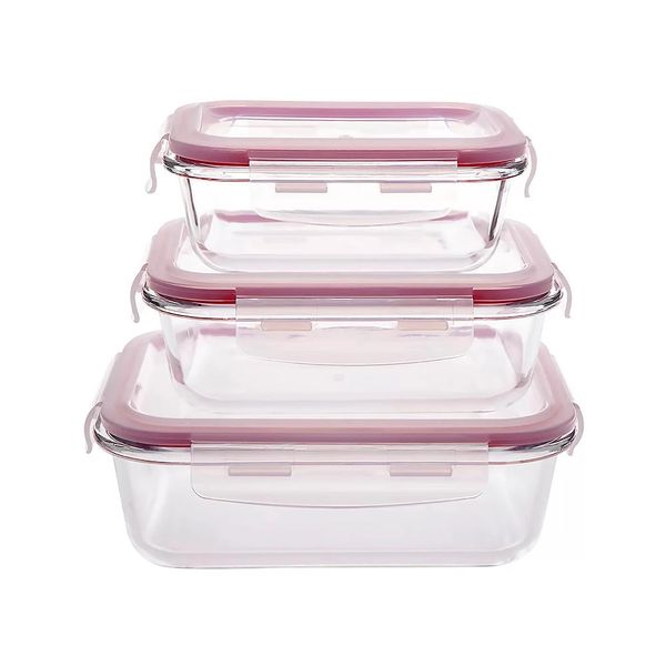 Conjunto de Potes Casambiente de Vidro Rosa Hermético com Tampa Lock Retangular com 3 Peças Conjunto de Potes Casambiente de Vidro Rosa Hermético com Tampa Lock Retangular com 3 Peças