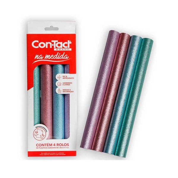 Plástico Adesivo Contact Liso Color Gliter na Medida com 4 Rolos 30cmx1m