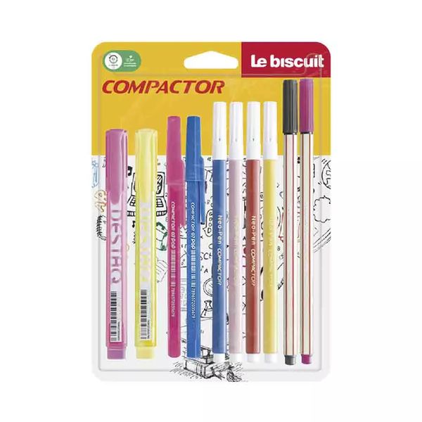 Kit Escolar Compactor 2 Canetas Pop, 2 Microlines, 2 Marca Textos e 4 Hidrográficas Exclusivo Le