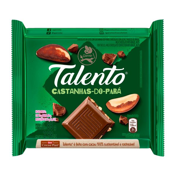 Chocolate Talento Leite Castanha do Pará 85g