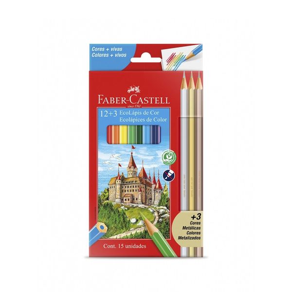 Lápis de Cor Faber-Castell Ecolápis 12 Cores + 3 Lápis de Cor Metallic Colors