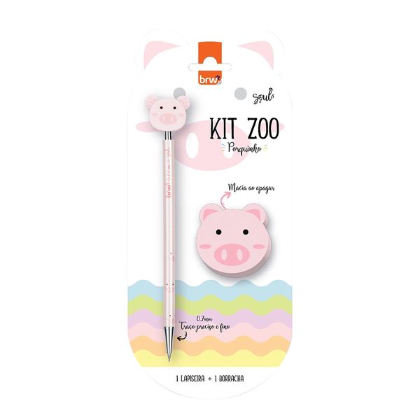 Kit Escrita Brw Zoo Porco com Lapiseira 0.7mm e Borracha