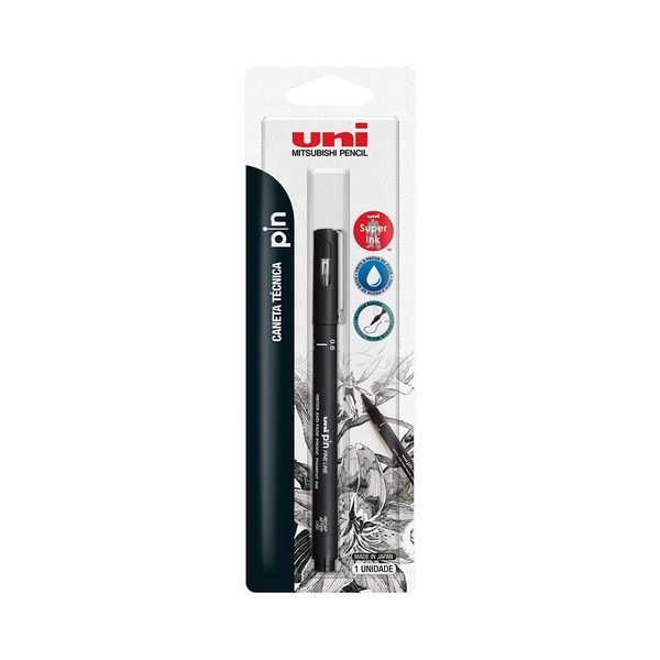 Caneta Nanquin Uniball Pin Técnica Fine Line Preta  0.6mm