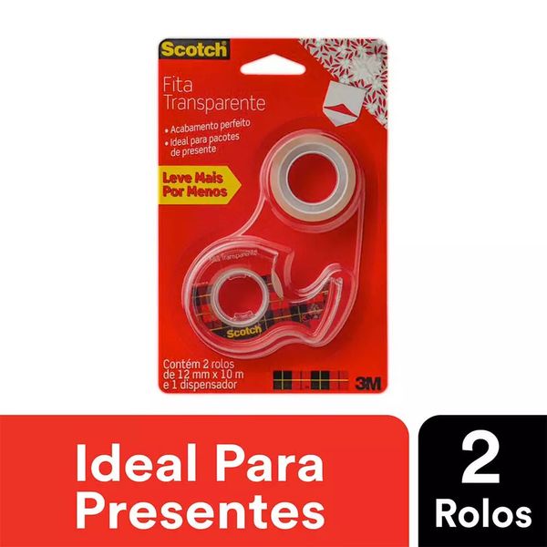 Fita Adesiva Scotch 3M Transparente 12mmx10m com 2 Rolos + Dispenser