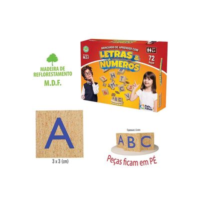 Brincando de Aprender com Letras e Números Pais e Filhos 72 Peças em Madeira