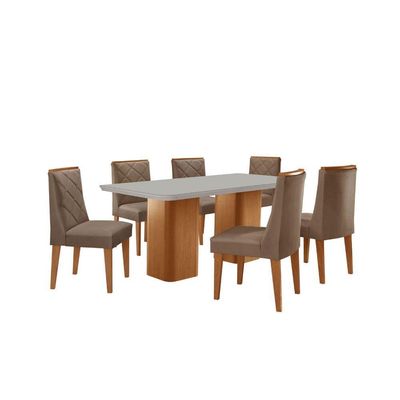 Mesa De Jantar Eloise 180cm Tampo MDF Com Vidro 6 Cadeiras Veludo Capuccino Off White Naturale