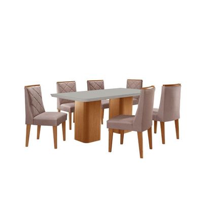 Mesa De Jantar Eloise 180cm Tampo MDF Com Vidro 6 Cadeiras Linho Capuccino Off White Naturale