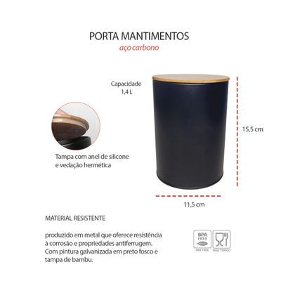Pote Cafe Açucar Manteigueira Potes Aço Preto Tampa Bambu