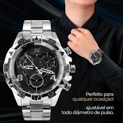 Relogio Prata Masculino Aço Inoxidavel + Premium Caixa Grande Mostrador Preto Presente Social Casual