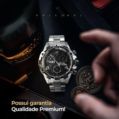 Relogio Prata Masculino Aço Inoxidavel + Premium Caixa Grande Mostrador Preto Presente Social Casual