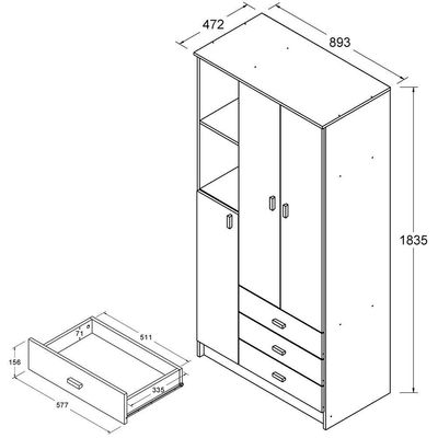 Roupeiro Infantil 3 Portas 3 Gavetas 184x89 Cm Bb322 Branco Dtall Branco