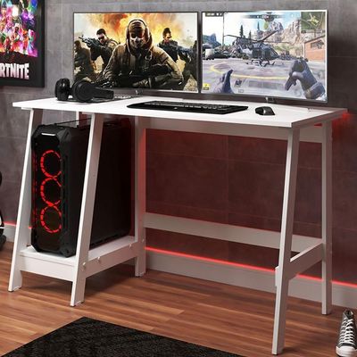 Mesa Escrivaninha Gamer 2 Pateleiras 120 Cm Mc190 Branco Dtall Branco
