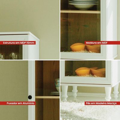 Cristaleira 1 Porta Vidro Pés Madeira 151x40 Cm E963 Branco Dtall Branco