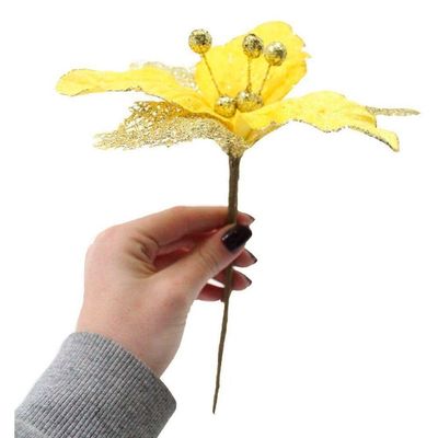 Kit 2 Flores Com Cabo Artificial Decoração De Natal Com Glitter 27cm